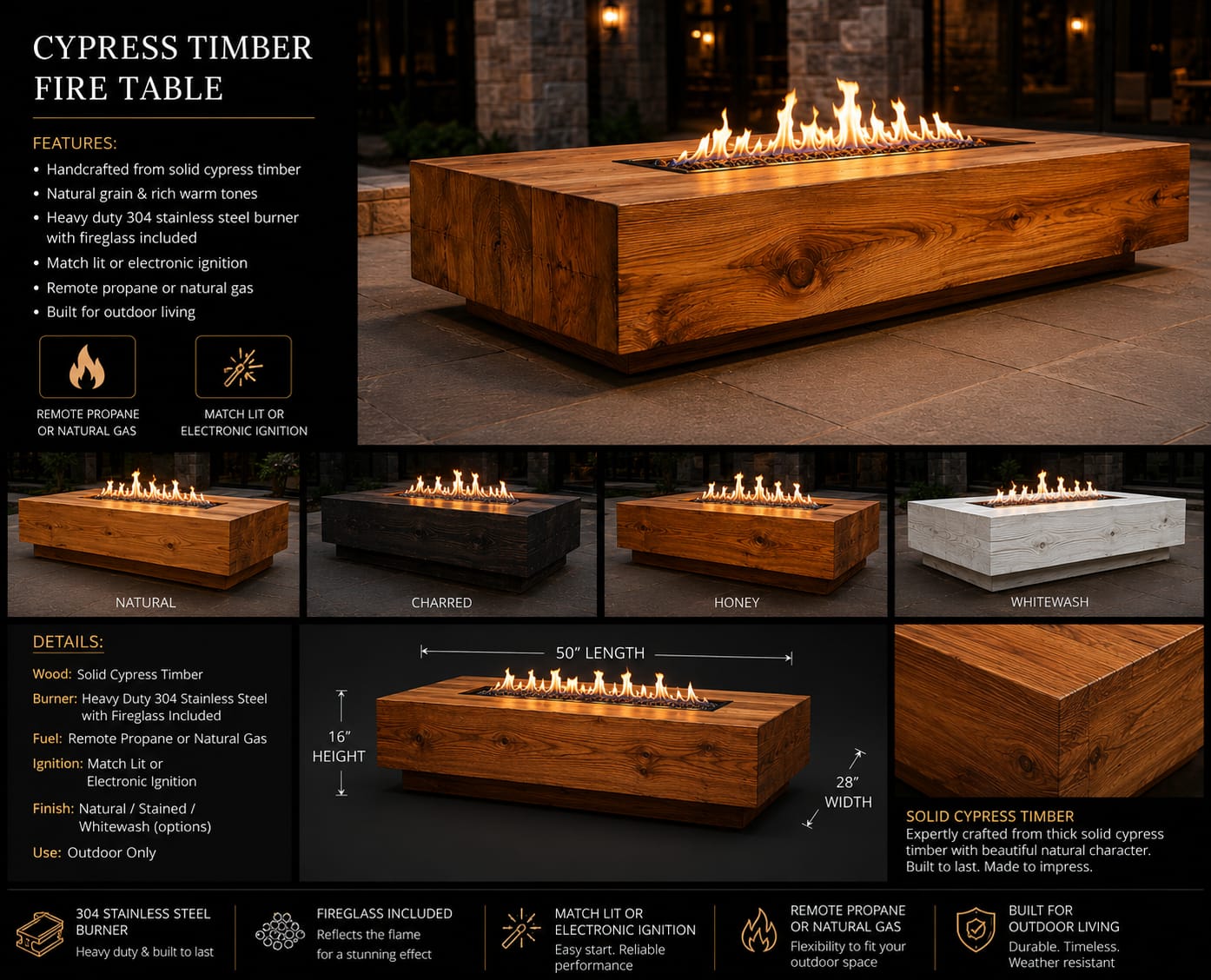 Cypress Timber Fire Table — features, finishes (Natural, Charred, Honey, Whitewash), dimensions 50″ × 28″ × 16″, and construction details