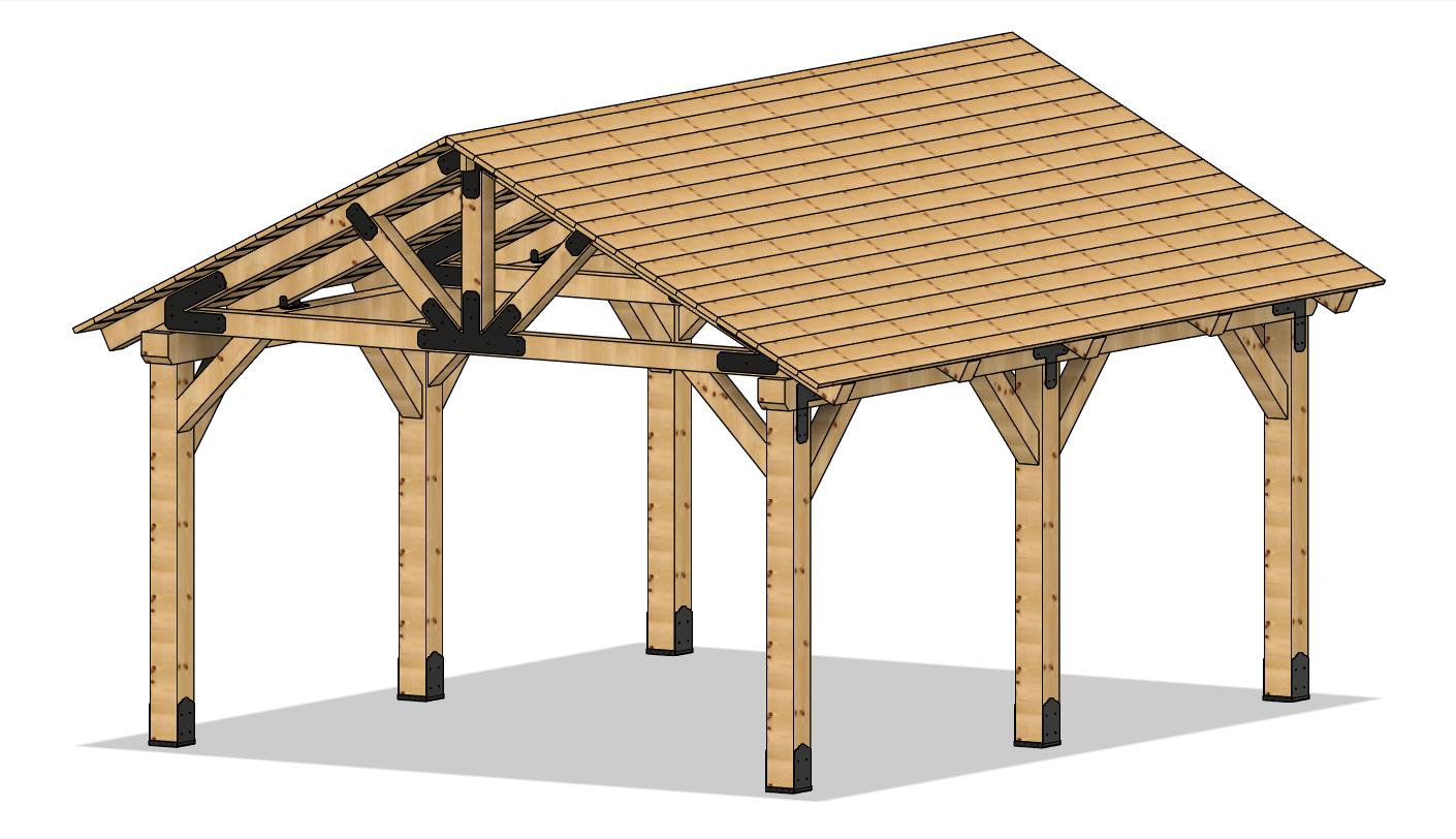 3D rendering of 16×20 Timber Frame Solutions pavilion kit, angle view.